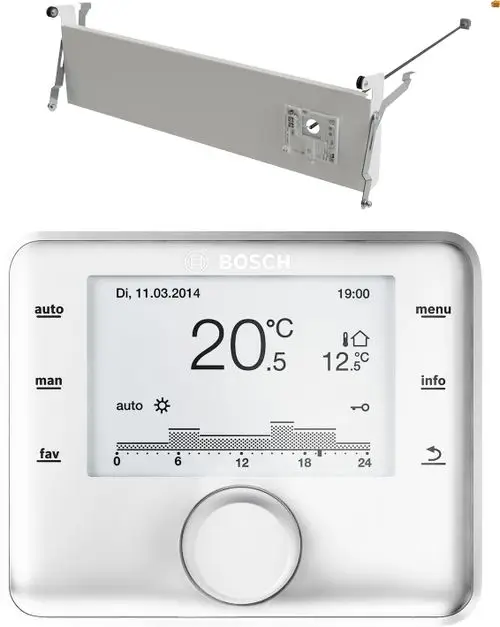 Bosch Heizungsregler mit digitalem Display, Temperaturanzeige und Zeitprogrammen, ergänzt durch Halterung für die Montage.
